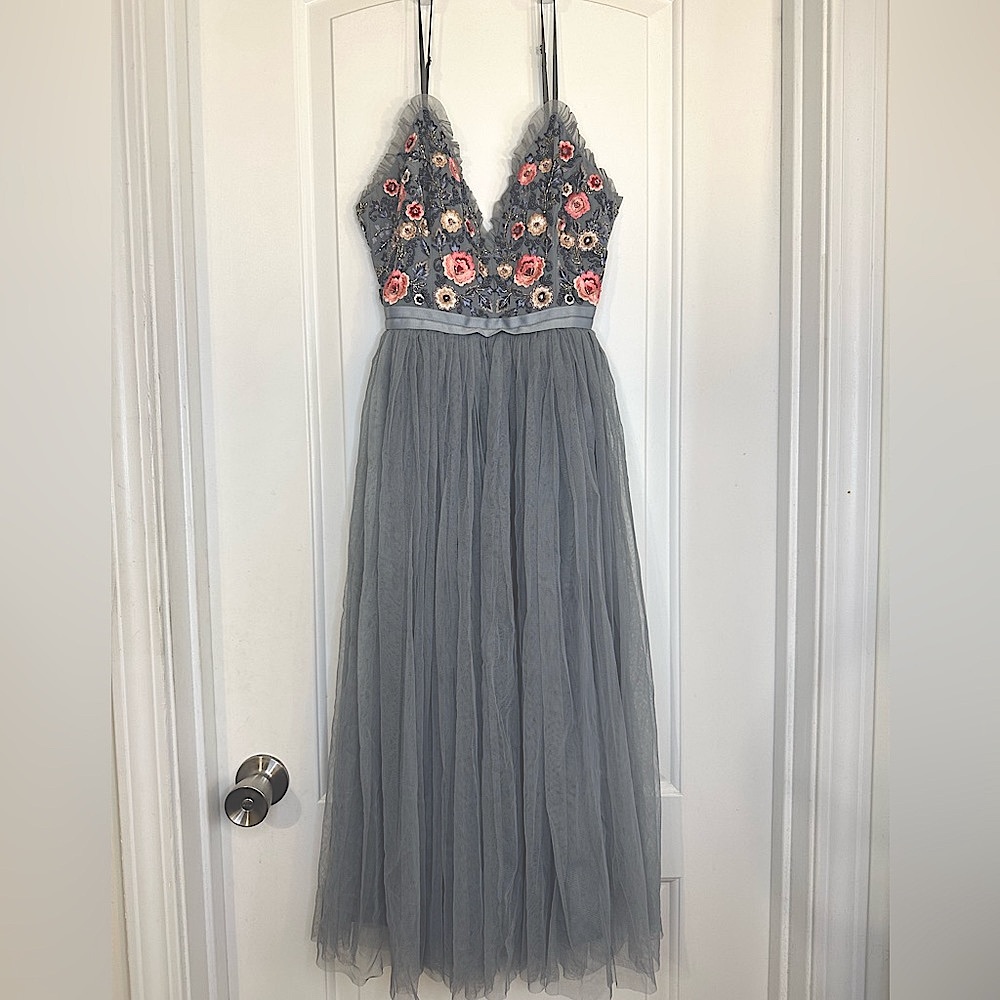 NEEDLE & THREAD Whisper Embroidered Tulle Dress, Dusty Blue Size 2 NWOT